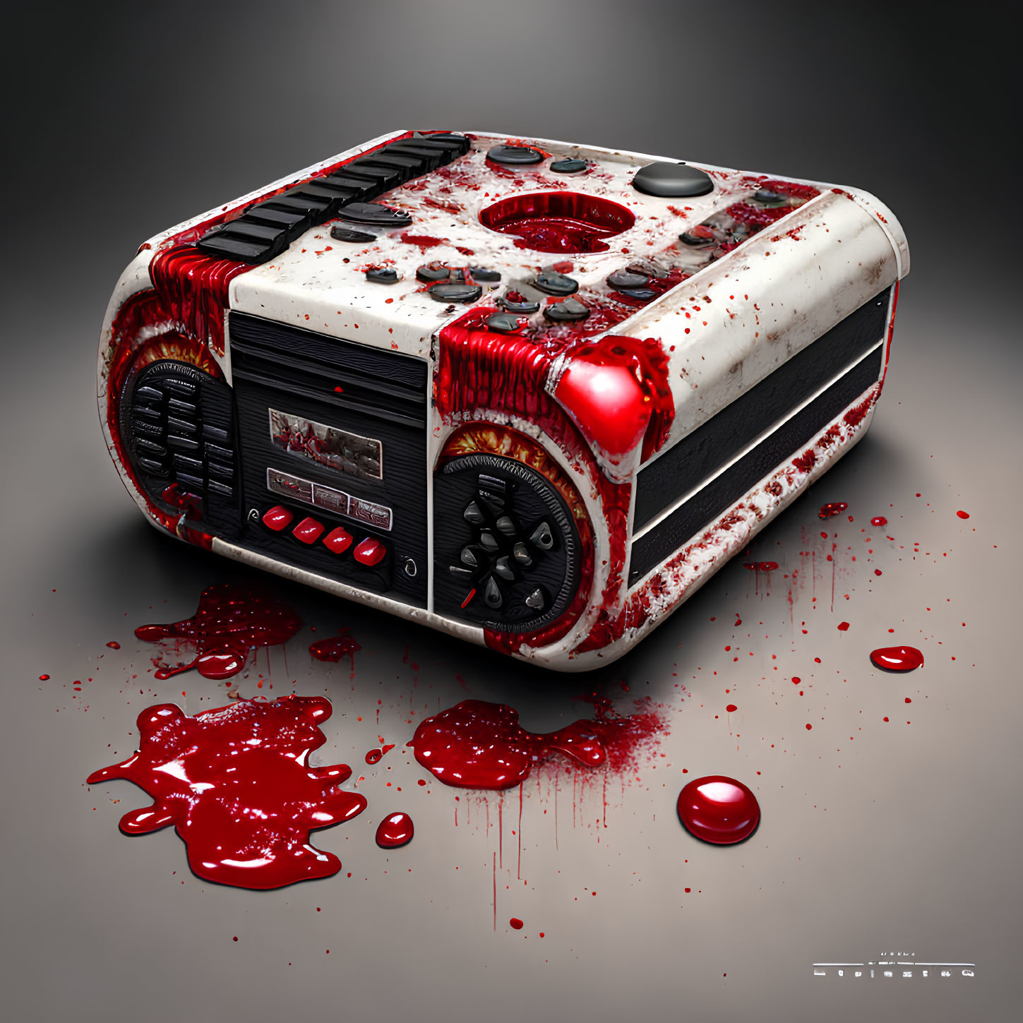 Vintage Red and White Radio with Blood Splatter on Grey Background