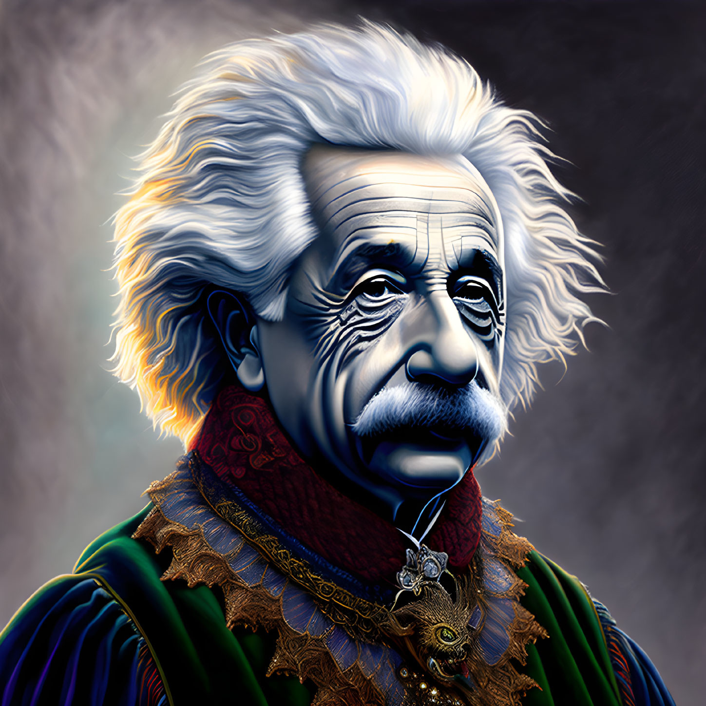 Digital portrait of man with white hair and mustache in Renaissance attire