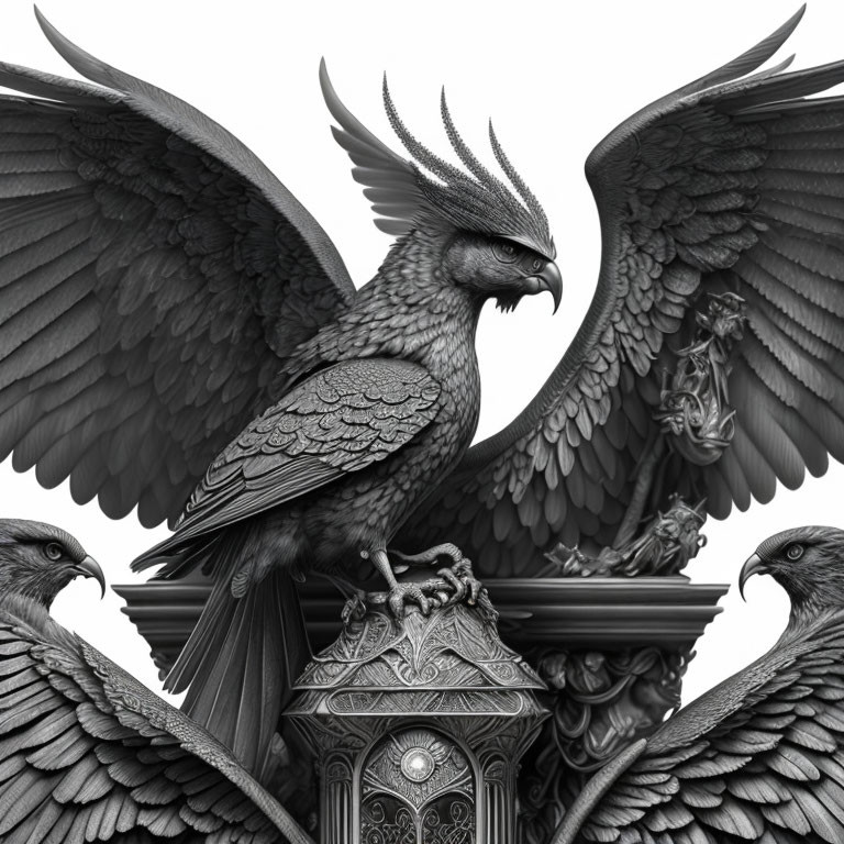 Detailed black-and-white fantasy eagle illustration on ornate pillar with two companions