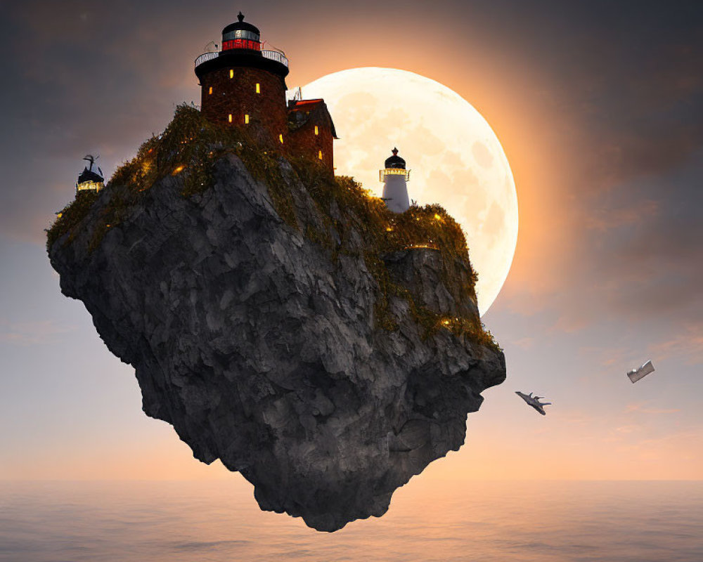 Floating Island with Lighthouse, Moon, Plane in Dusky Sky