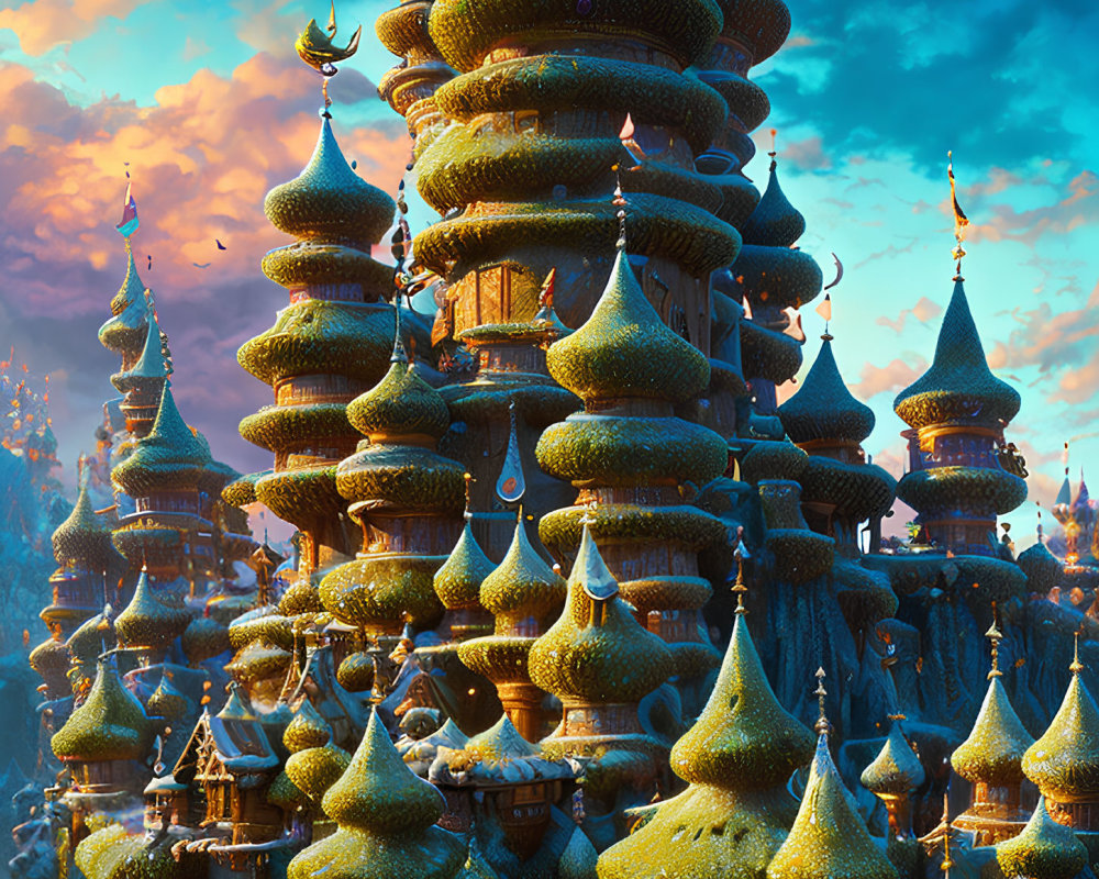 Intricate tower-like buildings in a fantastical cityscape at sunset