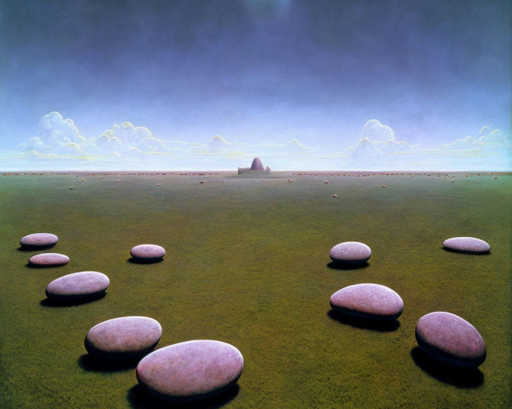 Surreal landscape with oversized pebbles, grass, clouds, building, and moon