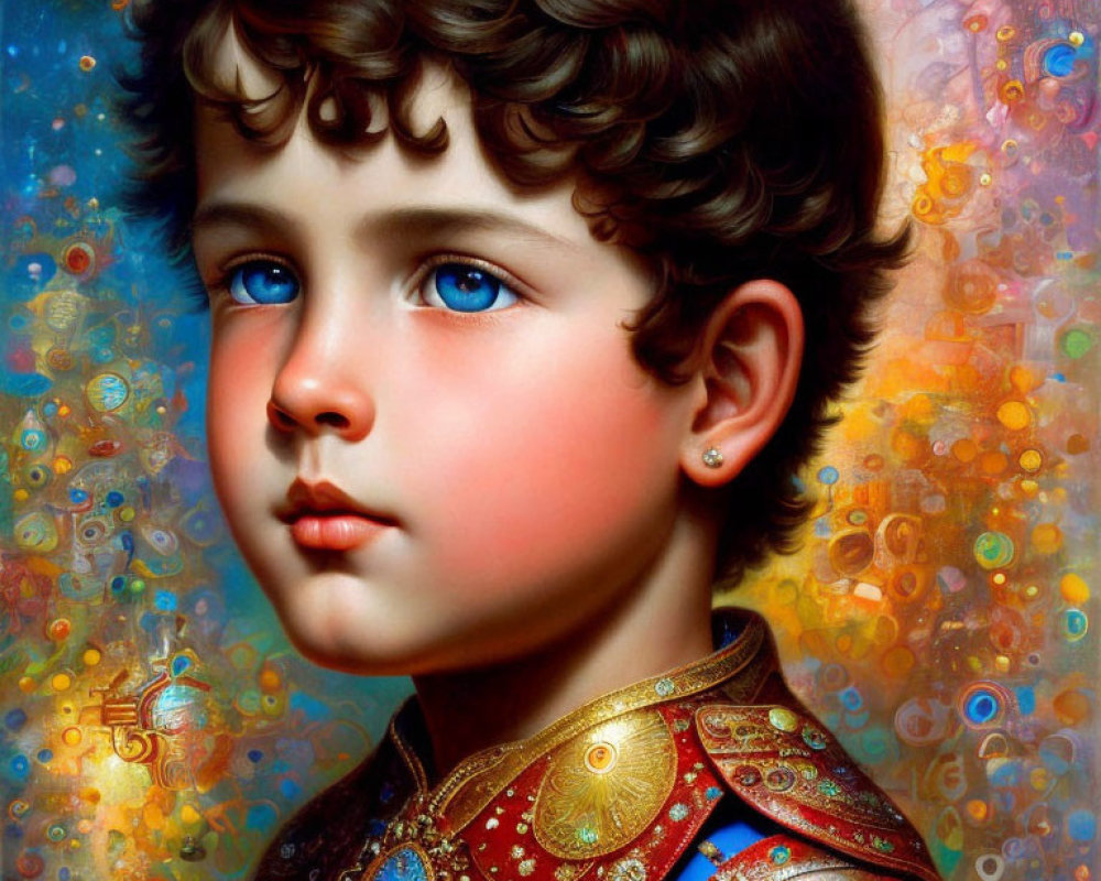 Child portrait with cherubic features and curly hair in ornate costume against vibrant, abstract backdrop