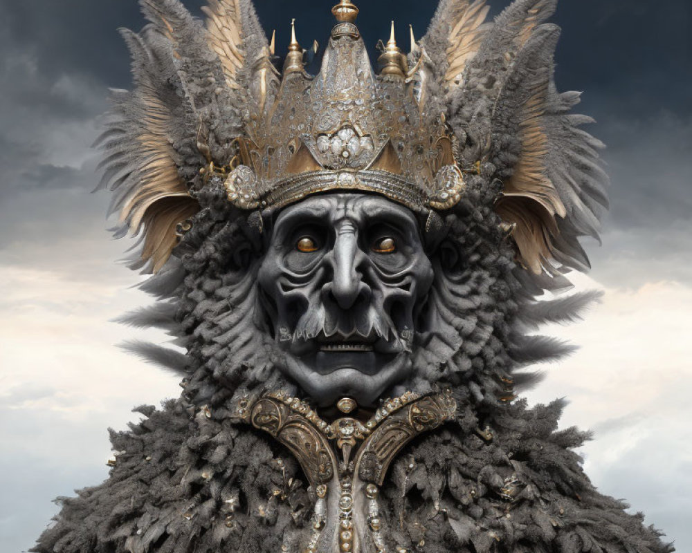 Regal figure in crown and fur coat with mournful mask under stormy sky