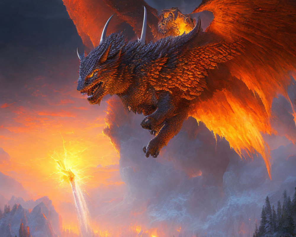 Orange Dragon Flying Over Fiery Forest Breathing Fire