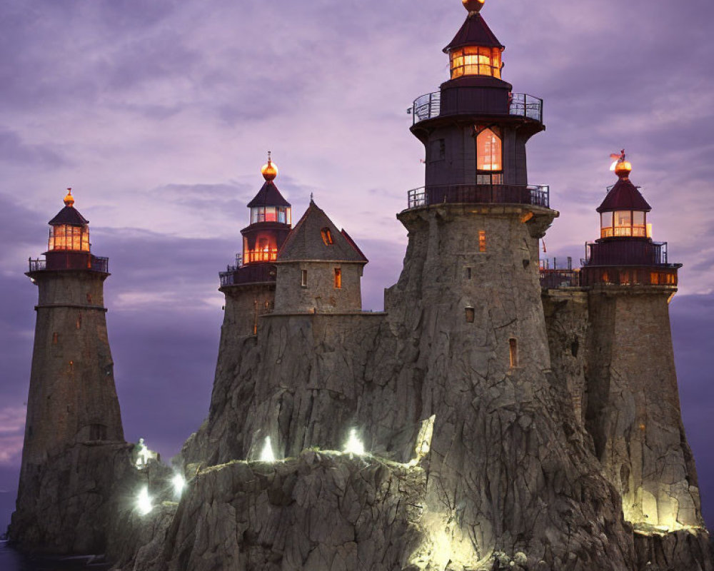 Majestic multi-tiered lighthouse on rugged cliffs at dusk