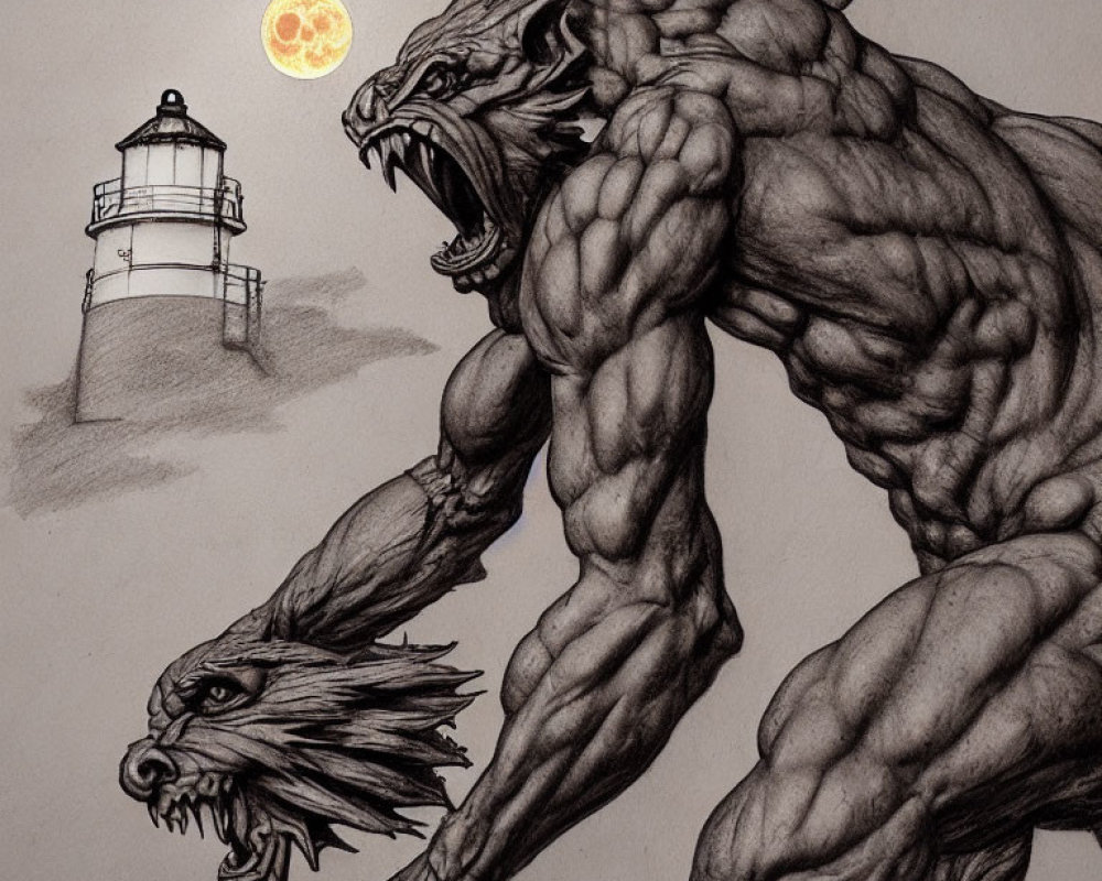 Muscular wolf-headed creature sketch howling by lighthouse under full moon.