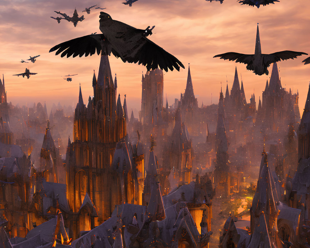 Flock of birds flying over gothic cityscape at dusk