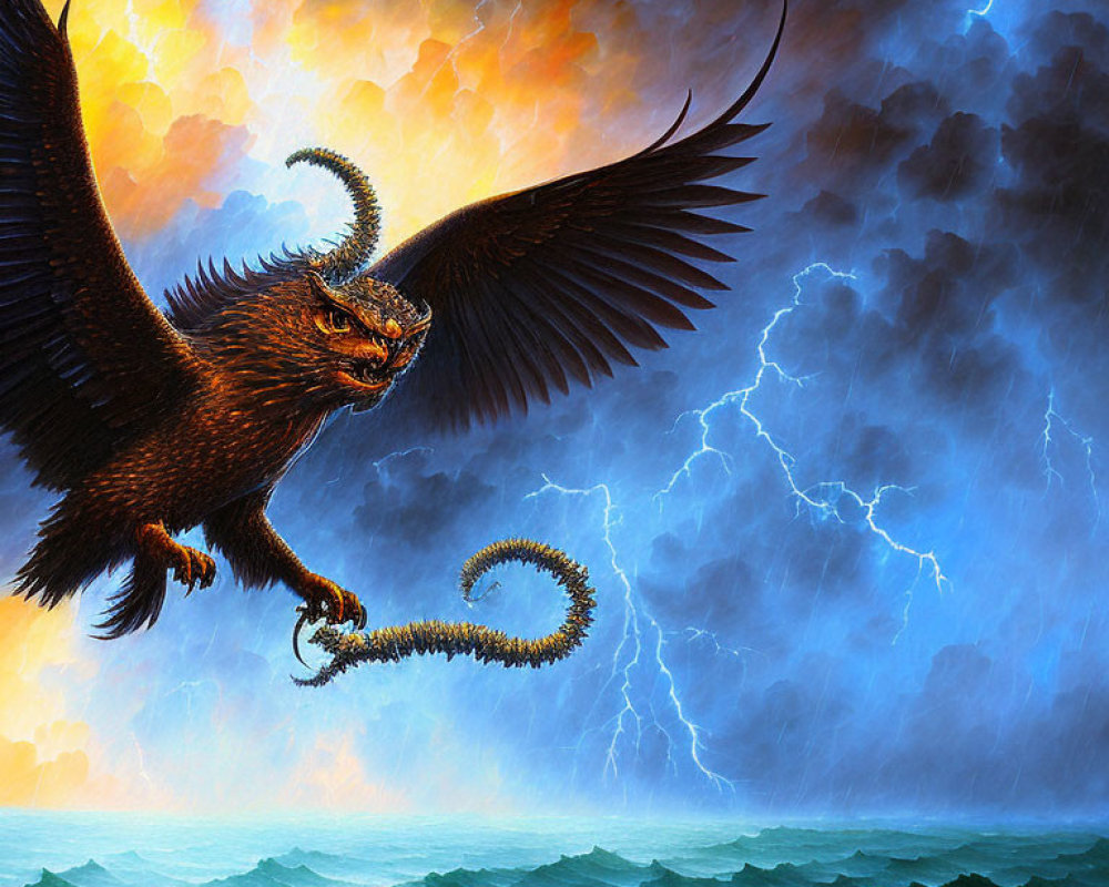 Mythological creature with ram horns flying over stormy seas