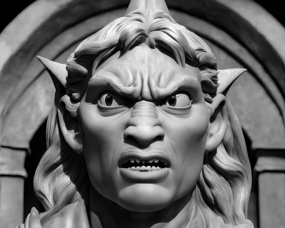 Monochrome snarling gargoyle sculpture with horns and angry expression