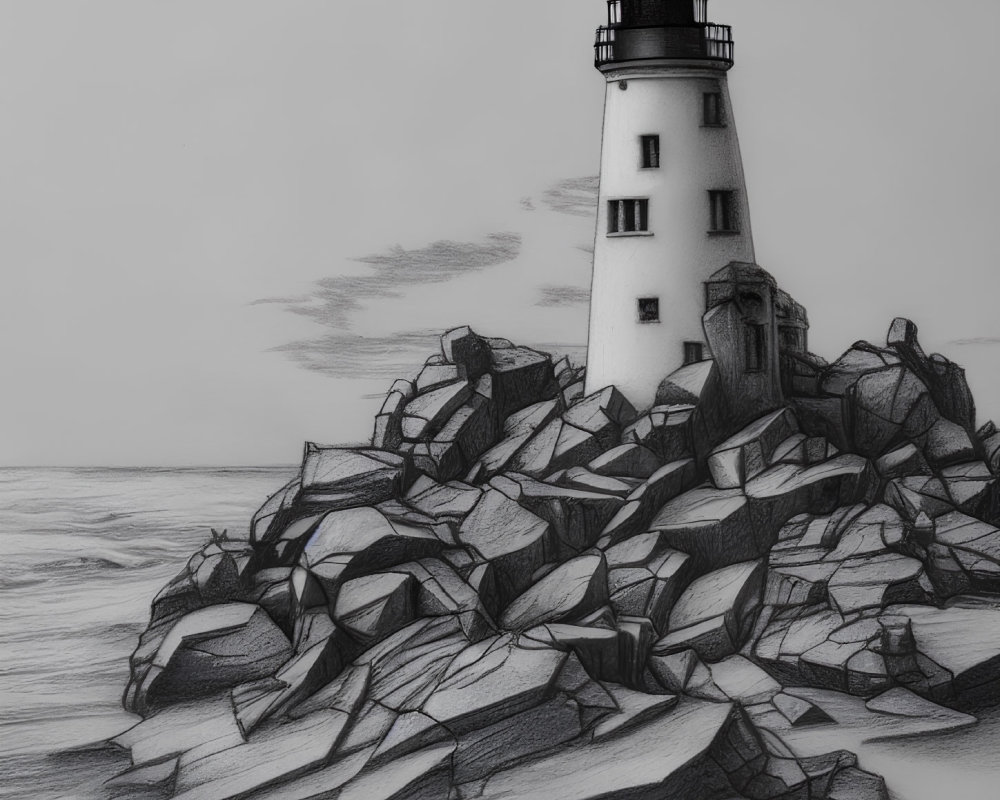 Lighthouse pencil sketch on rugged rocks with beacon, against ocean backdrop