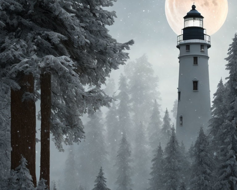 Snowy Trees Surround Lighthouse Under Full Moon