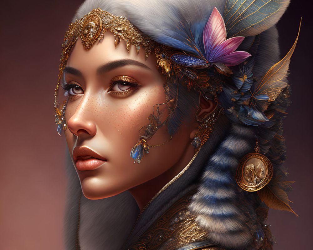 Digital portrait of woman with ornate headdress: gold accents, feathers, jewels. Elegance