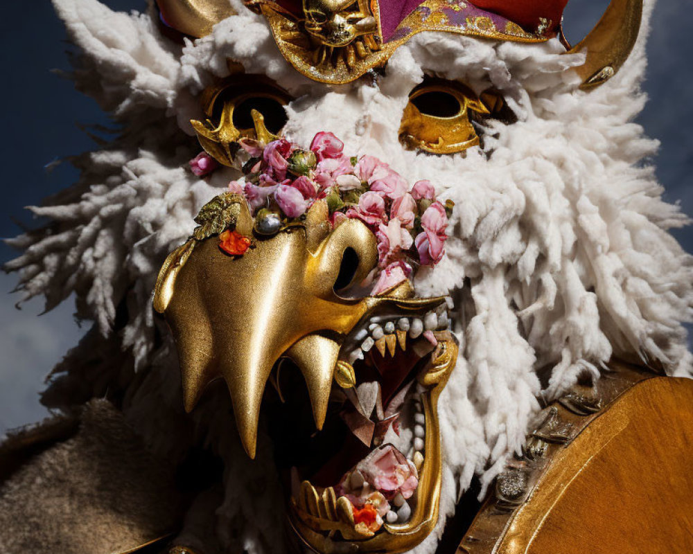 Ornate dragon mask with jester's hat and flowers against blue sky