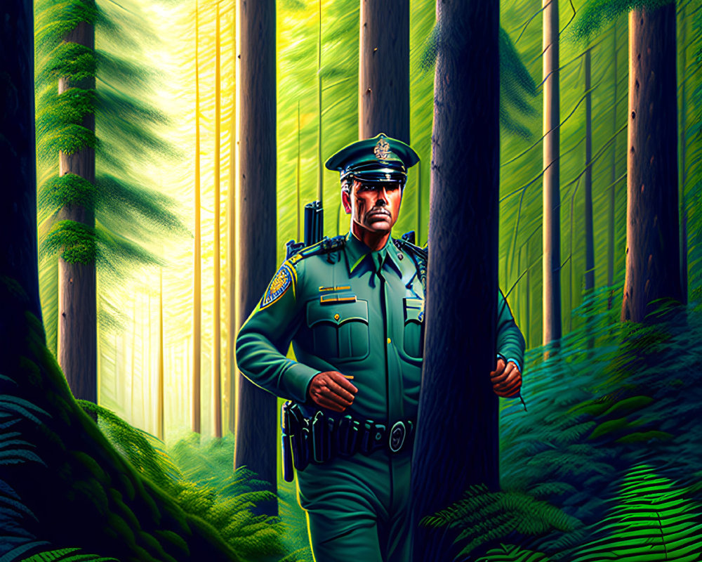 Confident police officer in lush green forest with sun rays