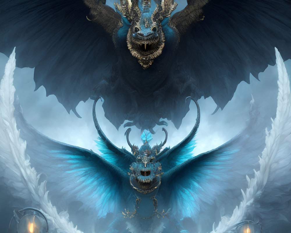 Symmetrical dragon artwork with dark and blue wings, multiple heads