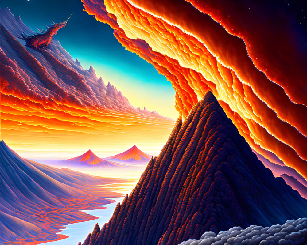 Sci-fi landscape with fiery sky waves, river, volcanic mountains, starry night sky, and moon