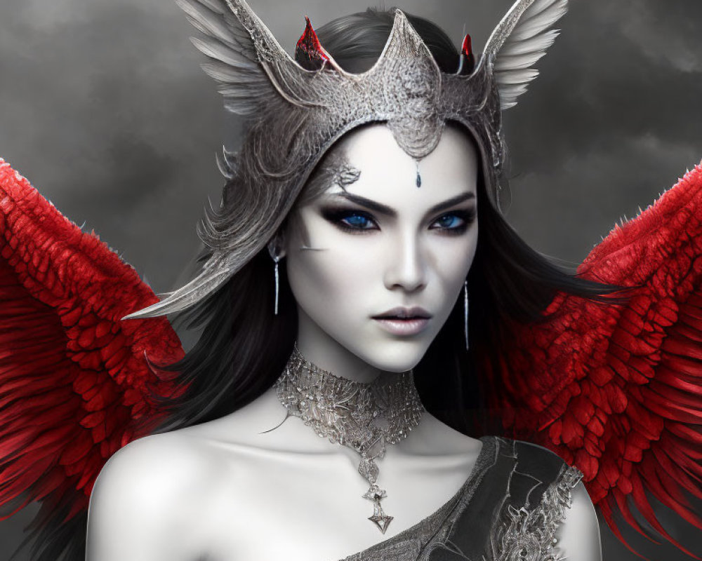 Pale-Skinned Fantasy Figure with Blue Eyes, Silver Crown, Ornate Neckpiece, and Red