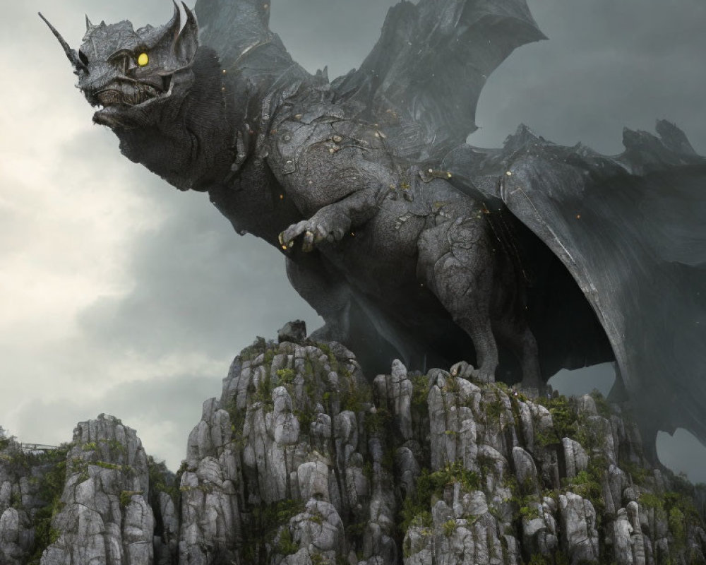 Gray Dragon Perched on Rocky Cliffs in Stormy Sky