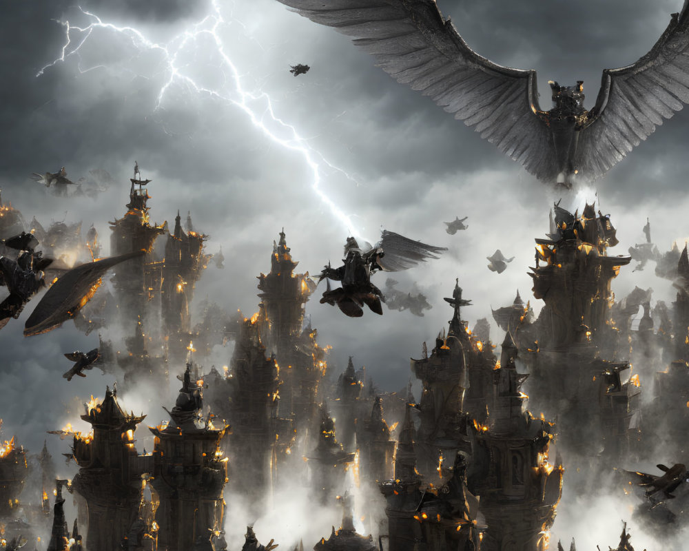 Fantasy Battle Scene: Winged Creatures, Flying Warriors, Burning Spires, Stormy Sky