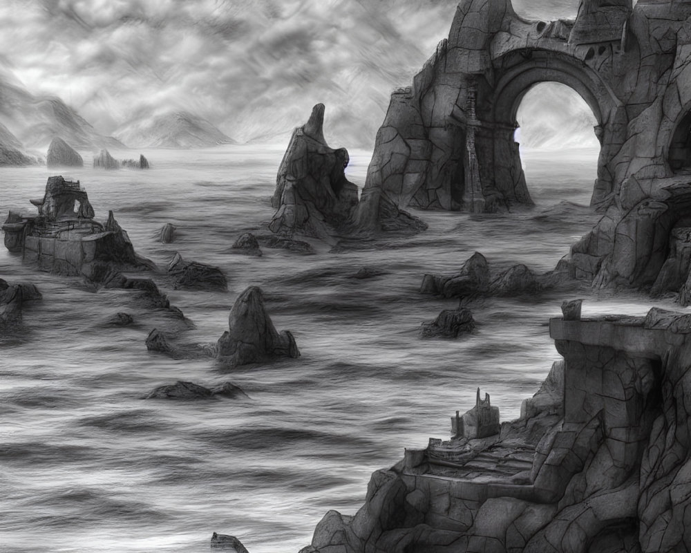 Monochromatic seascape with rocky shore, arch ruins, and cliffs under cloudy sky