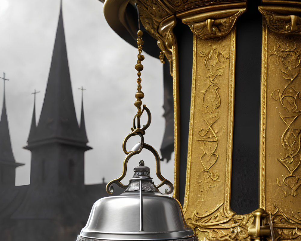 Intricate golden bell with ornate designs against cloudy sky