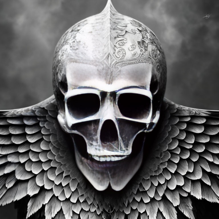 Monochromatic skull image with intricate patterns and feathered wings