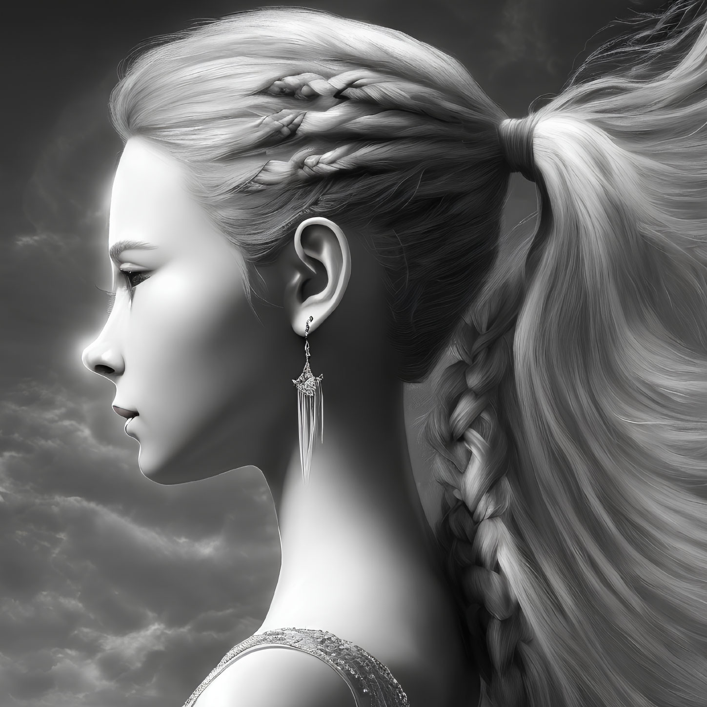 Monochrome side profile of woman with braided hair and earring against cloudy sky.