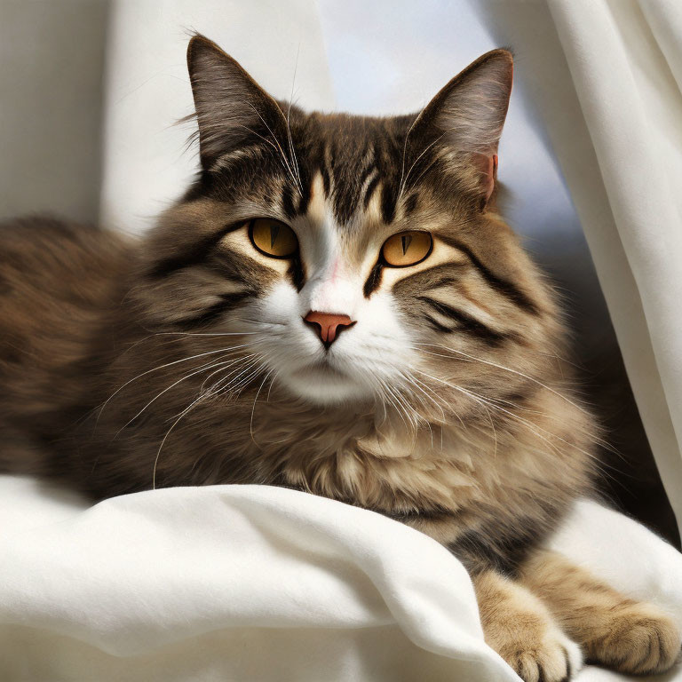 Long-Haired Tabby Cat with Amber Eyes Resting on White Fabric