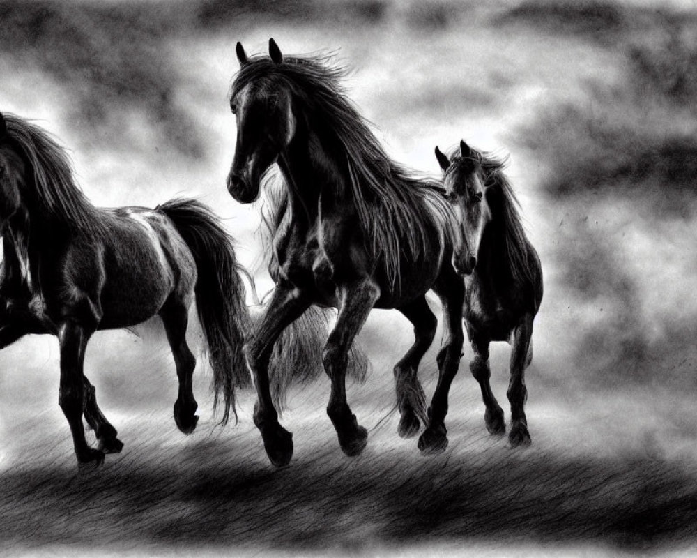 Monochrome sketch of galloping horses against textured background