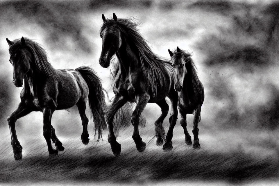 Monochrome sketch of galloping horses against textured background