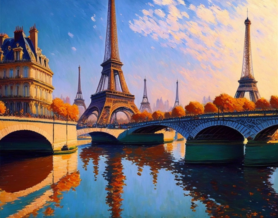 Paris skyline painting with multiple Eiffel Towers and Seine River reflections in autumnal style