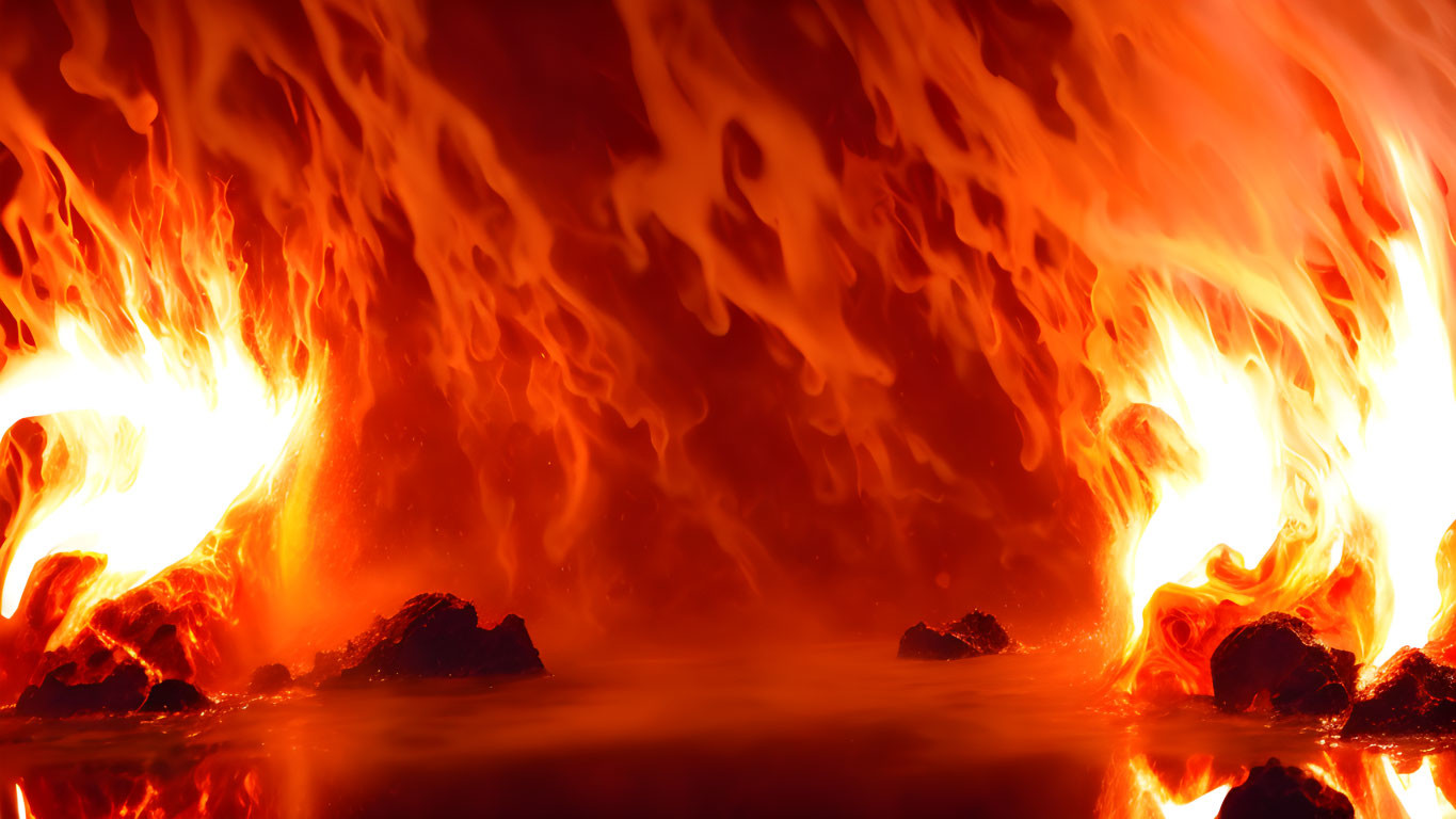 Volcanic Eruption: Intense Flames and Molten Lava Flowing