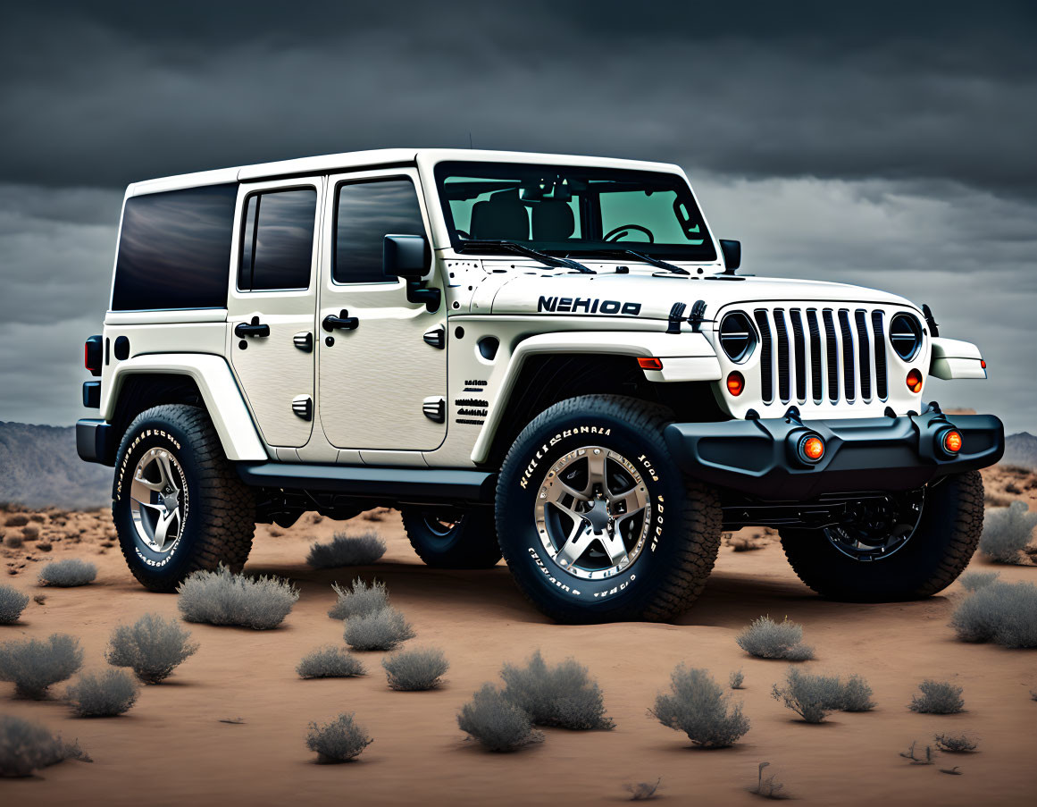 White Four-Door Jeep Wrangler with Aftermarket Wheels in Desert Landscape