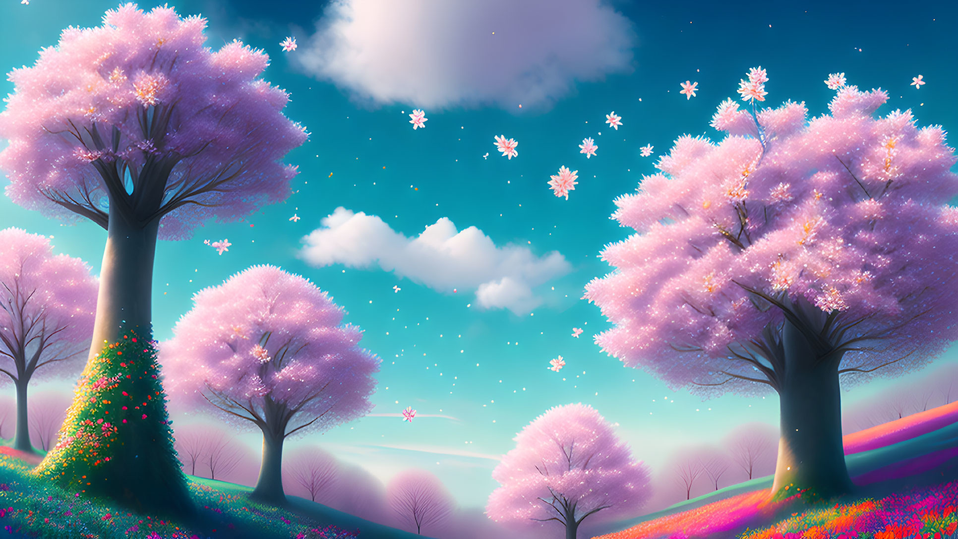 Vibrant cherry blossom landscape with lush greenery and colorful flowers