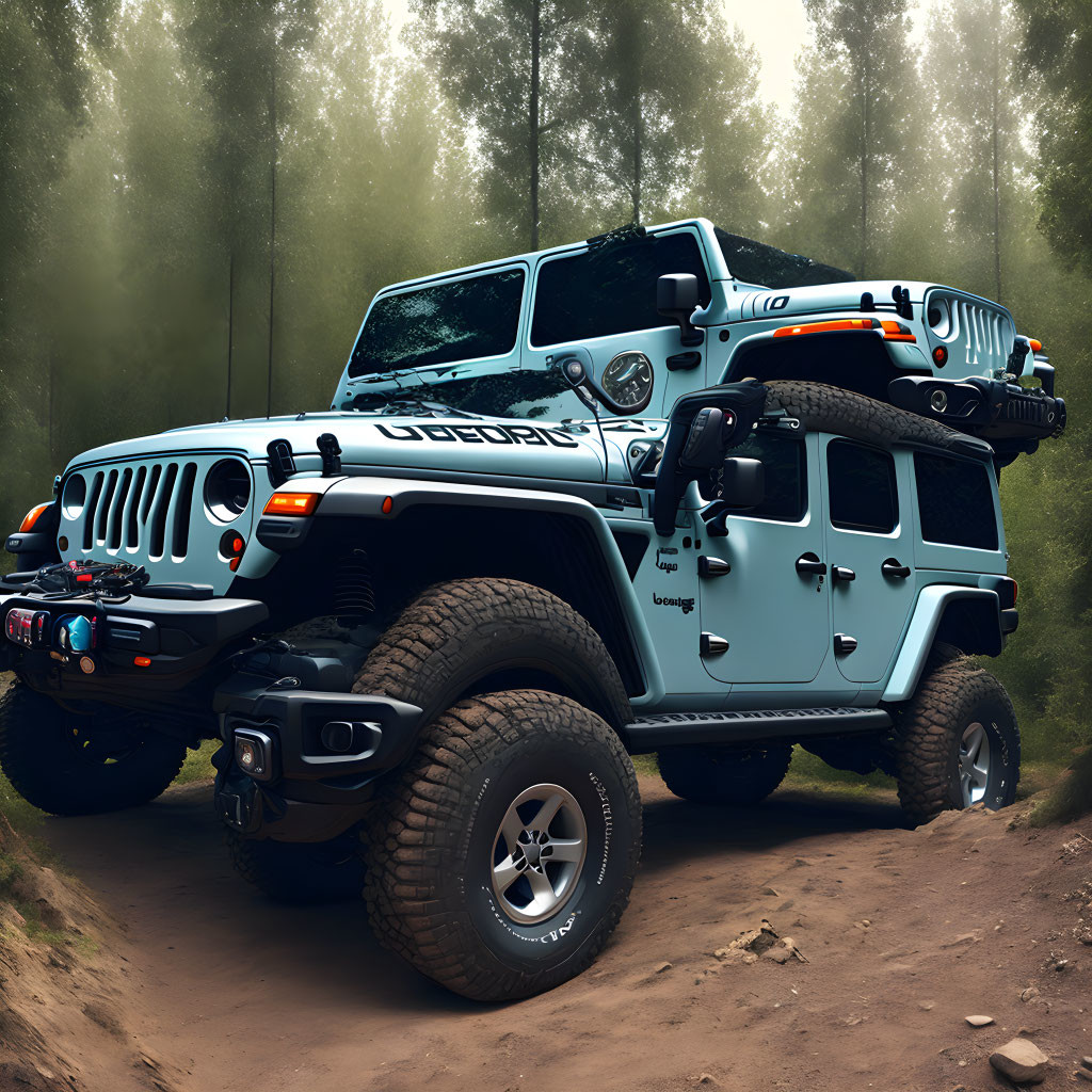 Modified Jeep Wrangler in misty forest with off-road tires, extra lights, and roof gear