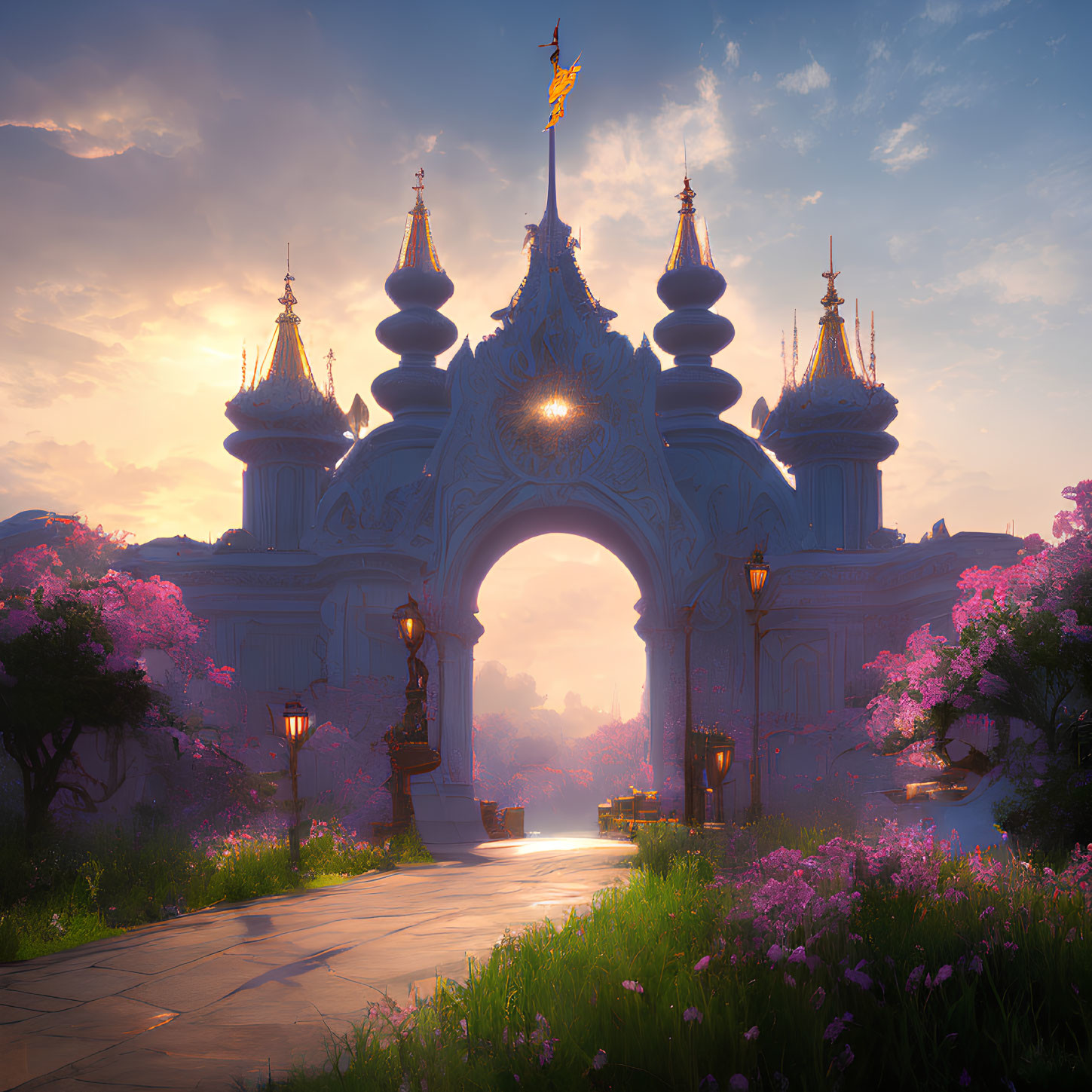 Fantasy palace with ornate spires and pink trees in warm sunrise light