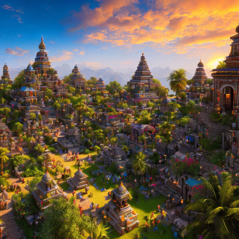 Fantastical cityscape at sunset with temples, markets, and lush greenery