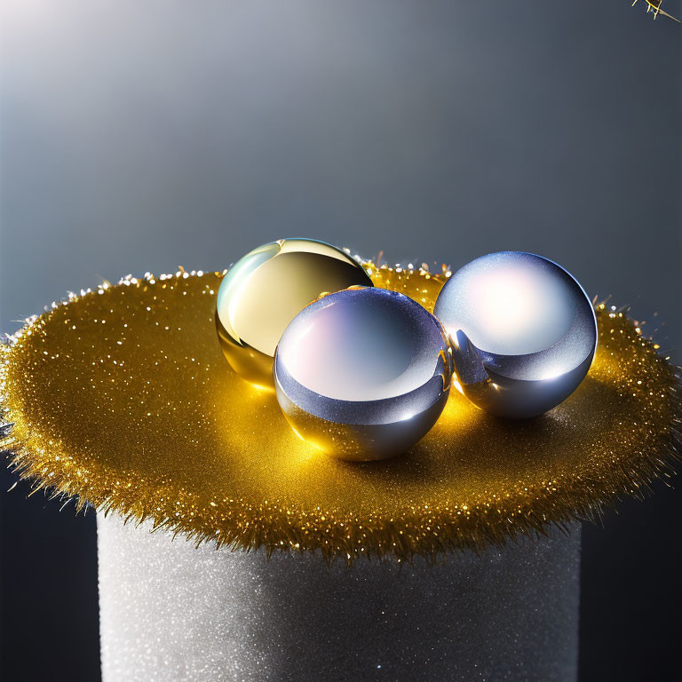 Glossy gold and silver spheres on glitter surface with dark background