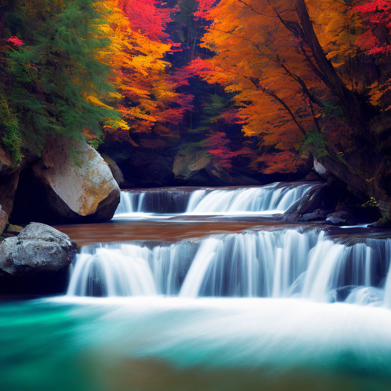 Tranquil waterfall in vibrant autumn forest