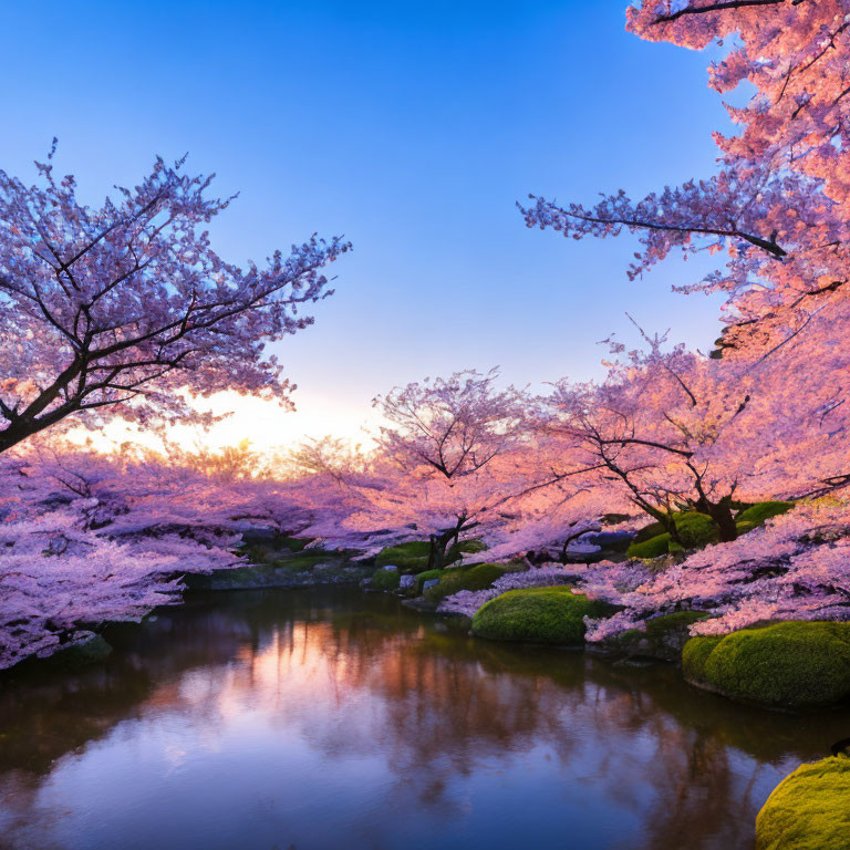 Cherry Blossoms in Full Bloom Reflecting at Sunset