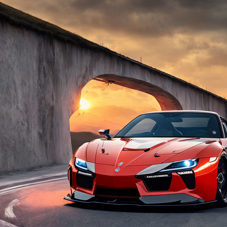 Red sports car drives on mountain road at sunset with warm glow