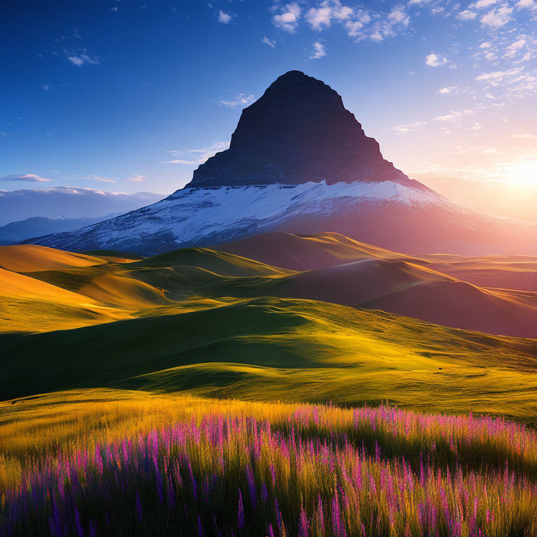 Snow-capped mountain peak at sunset with purple wildflowers in foreground