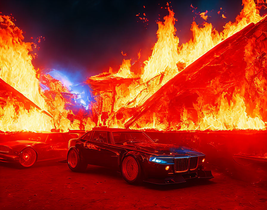 Modified car in fiery hellish landscape with intense flames