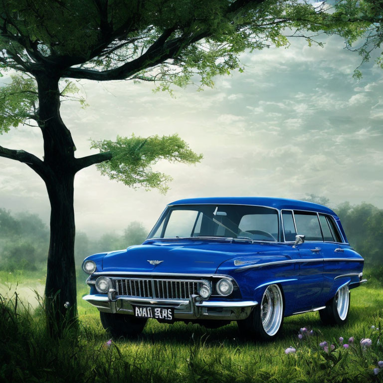 Vintage blue station wagon parked in foggy meadow with lush green grass