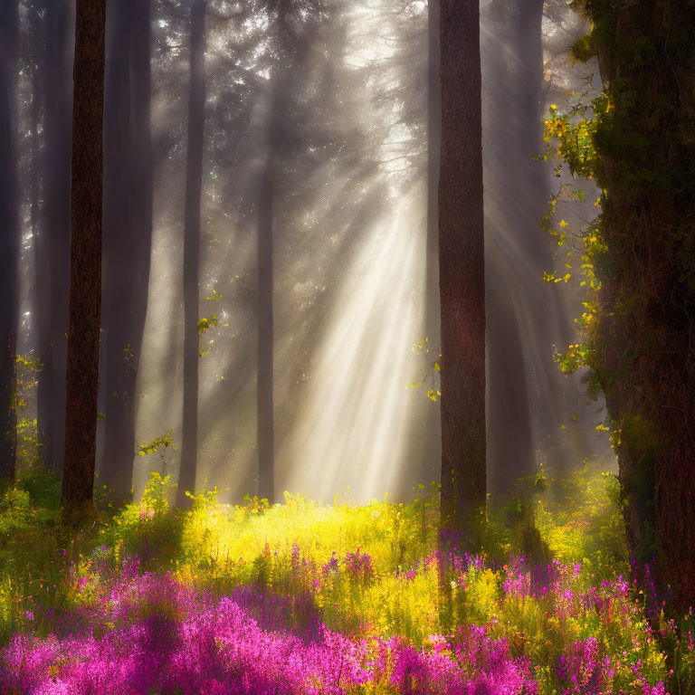 Forest Sunbeams Illuminate Purple and Yellow Wildflowers