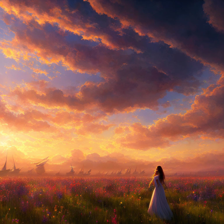 Woman in white dress in colorful meadow at sunset with sailboats on horizon