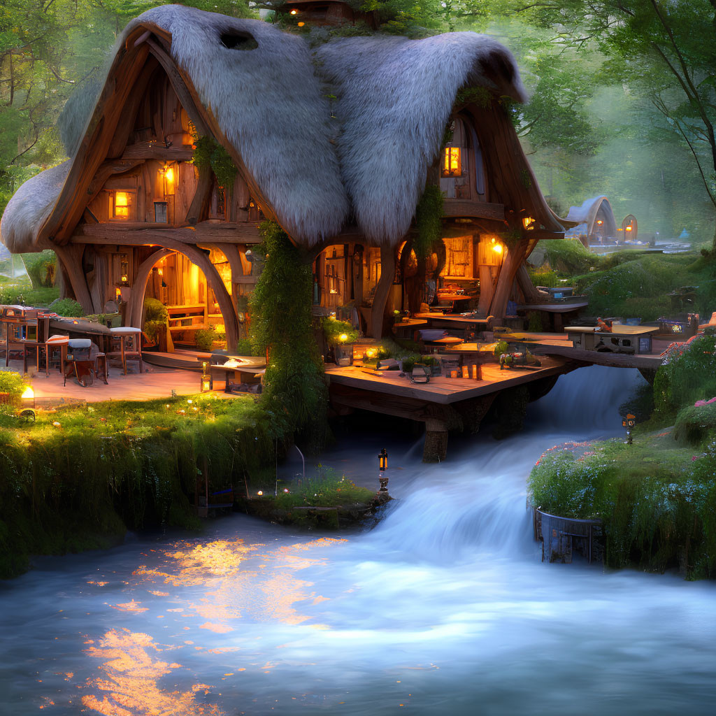 Thatched roof fantasy cottage by riverside