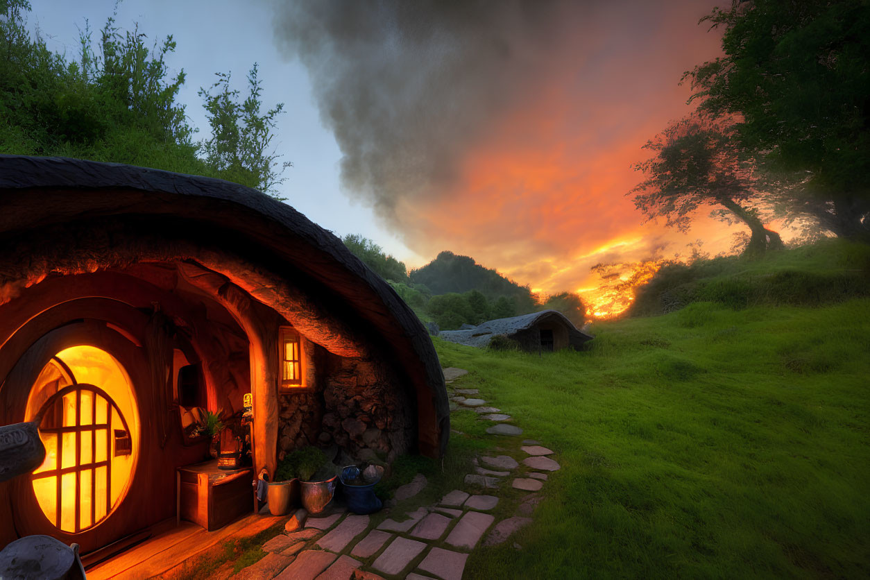 Charming Hobbit house with round door at dusk