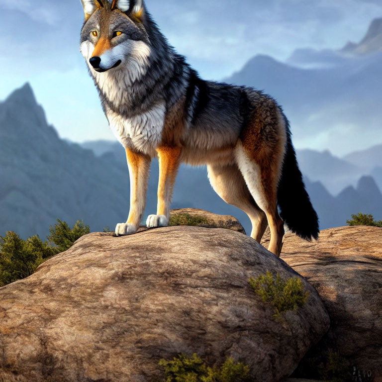 Realistic digital artwork: Wolf on rocky outcrop with mountains.